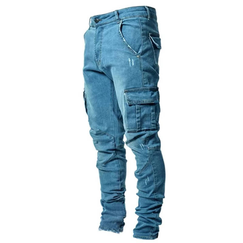 Men's tapered cargo jeans premium denim modern fit with multiple functional cargo pockets