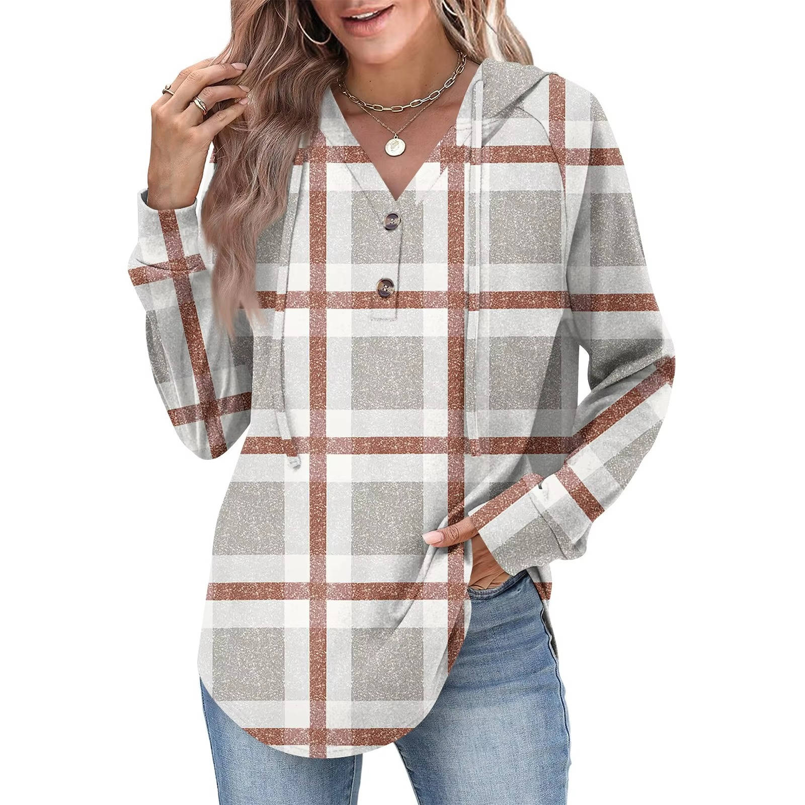 Women's relaxed-fit grey V-neck button hoodie sweatshirt with adjustable partial button closure