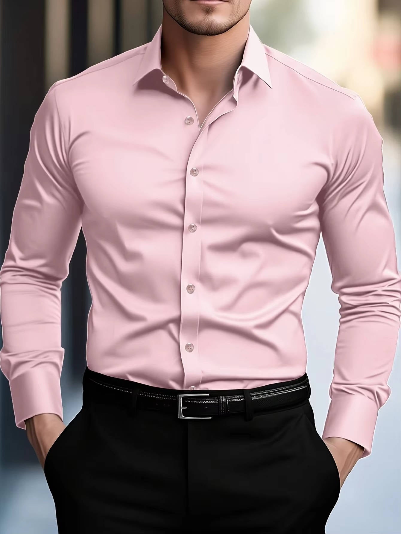 Men's burgundy slim fit stretch cotton dress shirt with long sleeves, crisp tailored profile