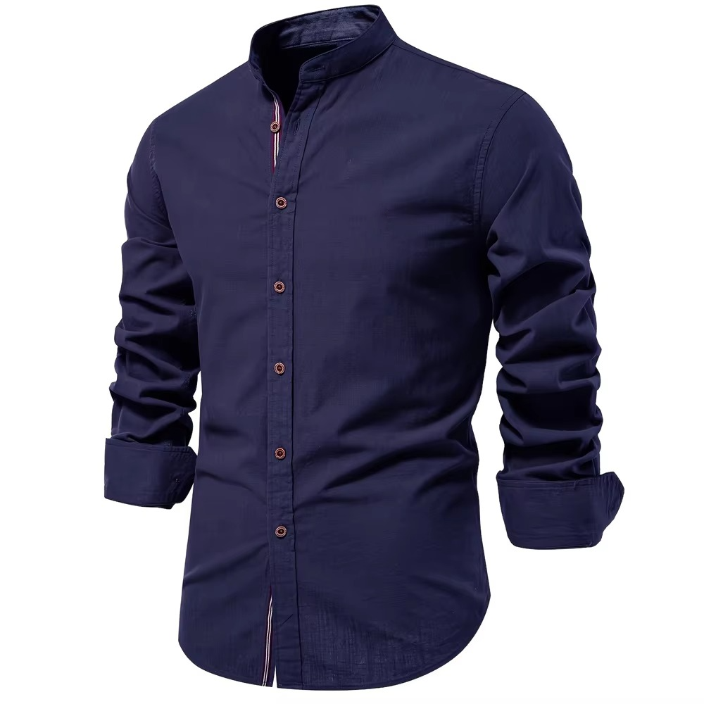 Men's mandarin collar button-up shirt smart casual cotton-linen blend relaxed fit weekend style