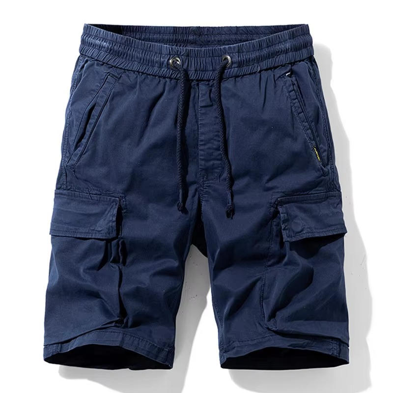 Men's lightweight cotton cargo shorts in neutral tone, straight-cut silhouette with six snap-closure pockets