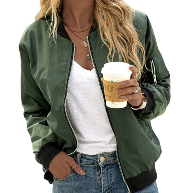 Women's lightweight zip-up bomber jacket in minimalist street style with clean silhouette