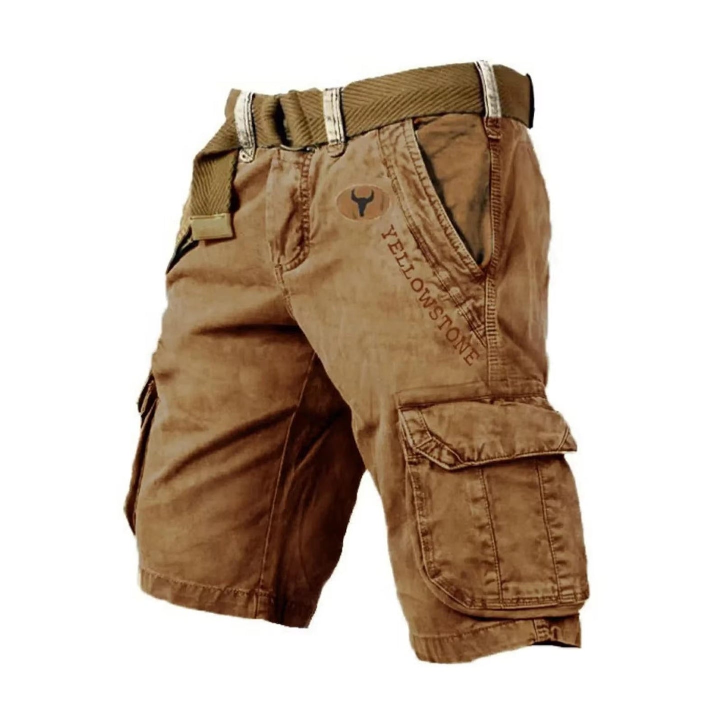 Men's khaki multifunctional cargo shorts with six-pocket storage, relaxed fit for outdoor travel
