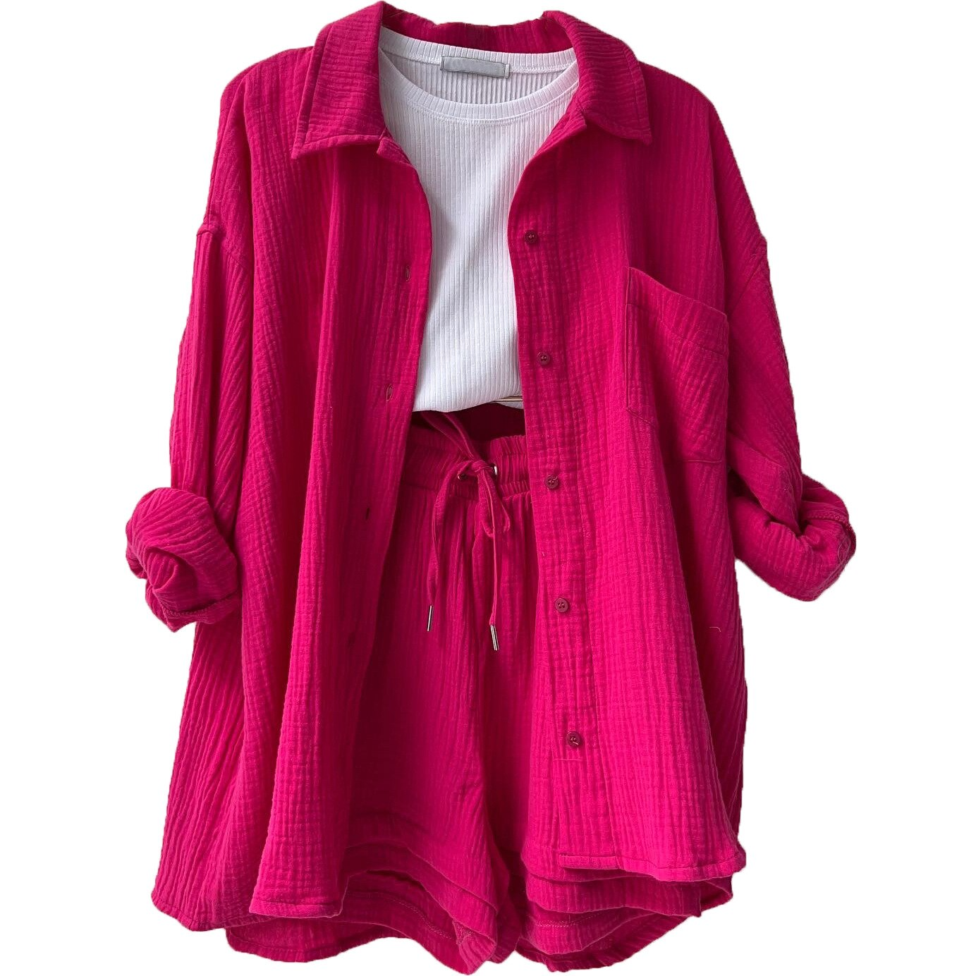 Women's lightweight cotton button-up shirt and shorts set with elastic waist, relaxed everyday style