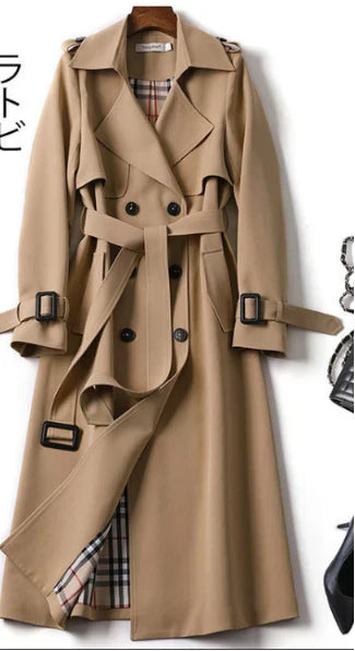 Women's ruby red double-breasted coat elegant tailored silhouette with structured button row