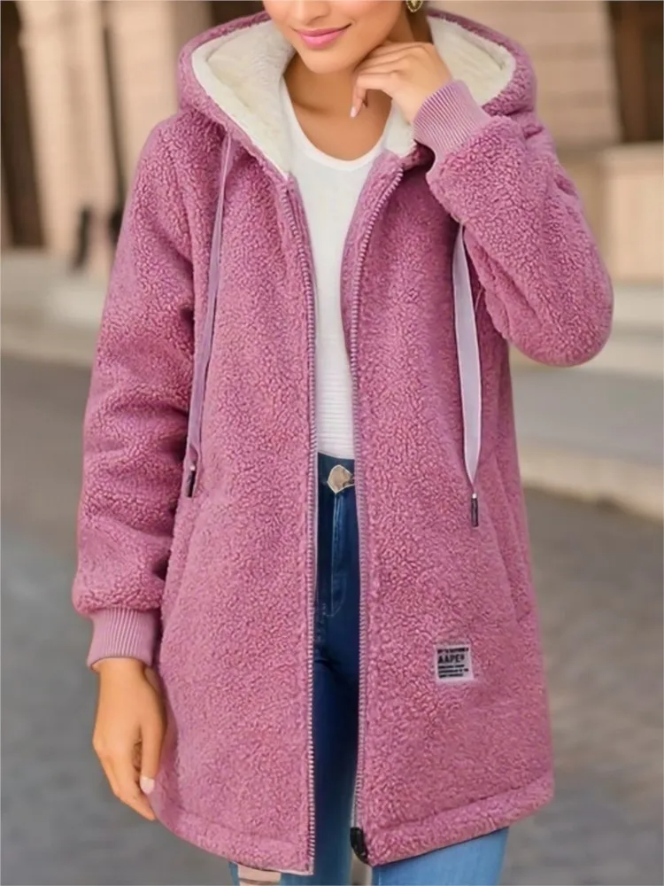 Women's fleece hooded mid-length coat relaxed fit zipper front in neutral tone for autumn winter
