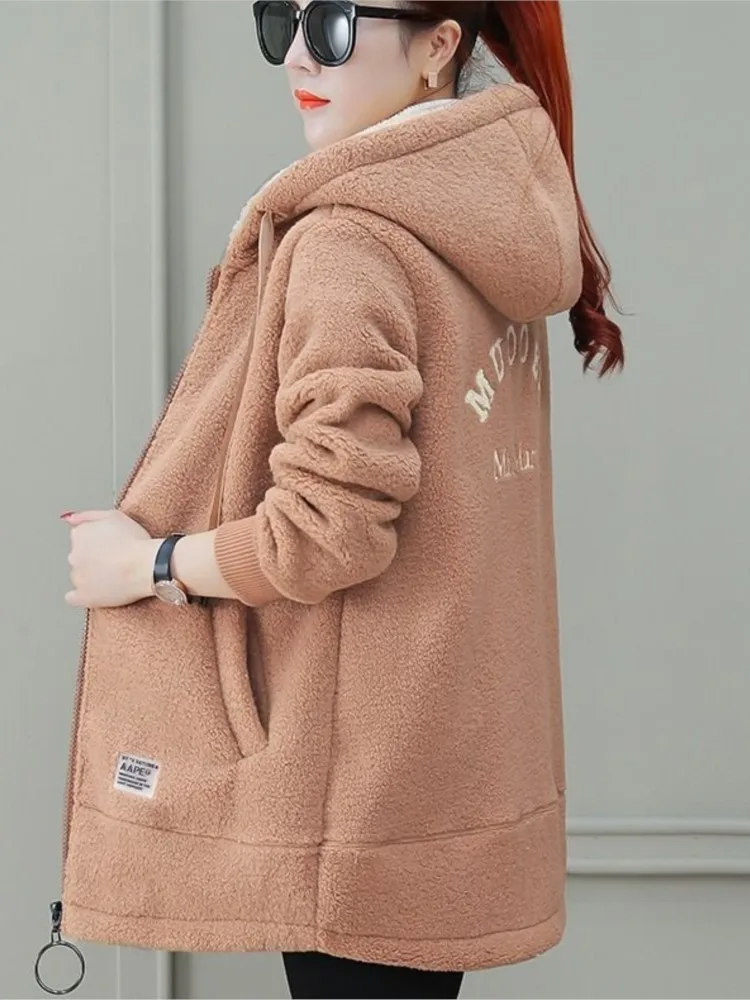 Women's mid-length fleece coat with hood and zipper closure, relaxed loose fit for cozy warmth
