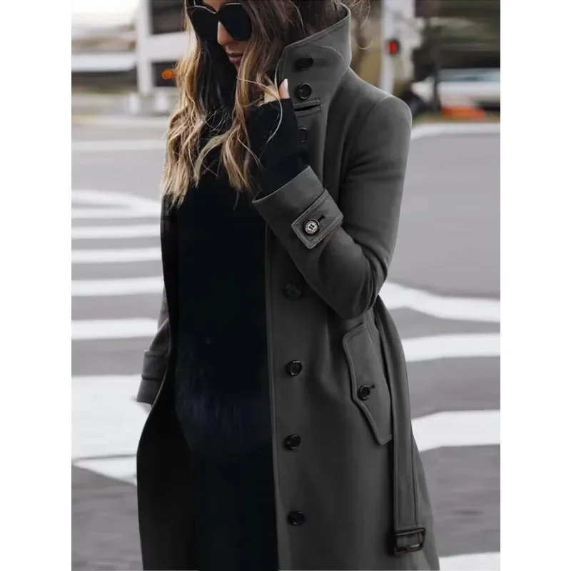 Women's slim fit full-length wool coat stand collar tailored professional style in neutral tone