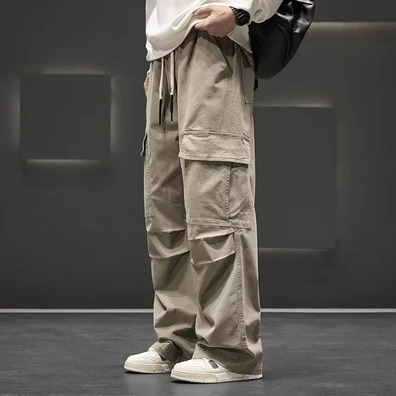 Men's loose fit cargo pants drawstring waist multi-pocket utility trousers relaxed straight leg urban style