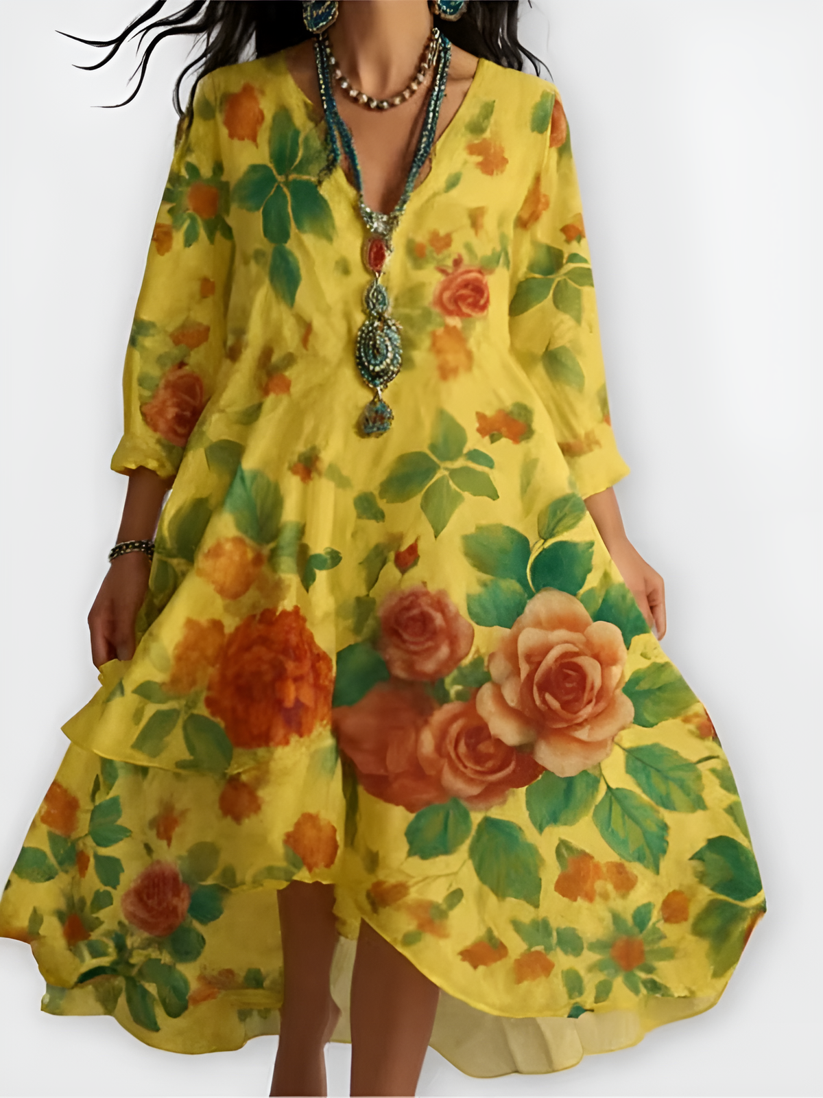Women's floral boho maxi dress, vintage V-neck full sleeves knee-length synthetic everyday outfit