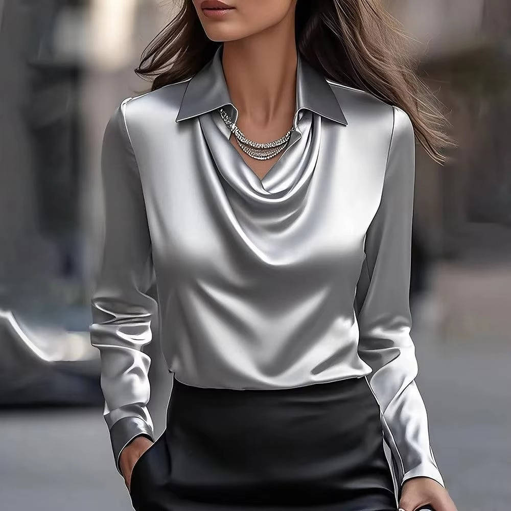 Women's satin cowl neck long sleeve top elegant draped neckline evening blouse