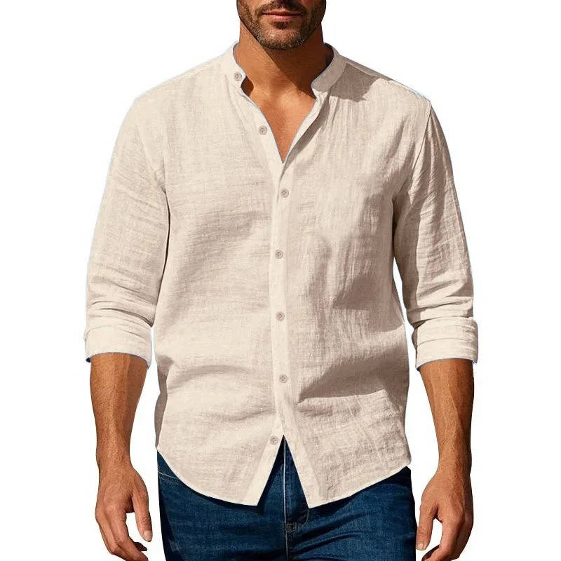 Men's white linen button-up shirt long sleeve Henley neckline breathable 70% linen relaxed fit