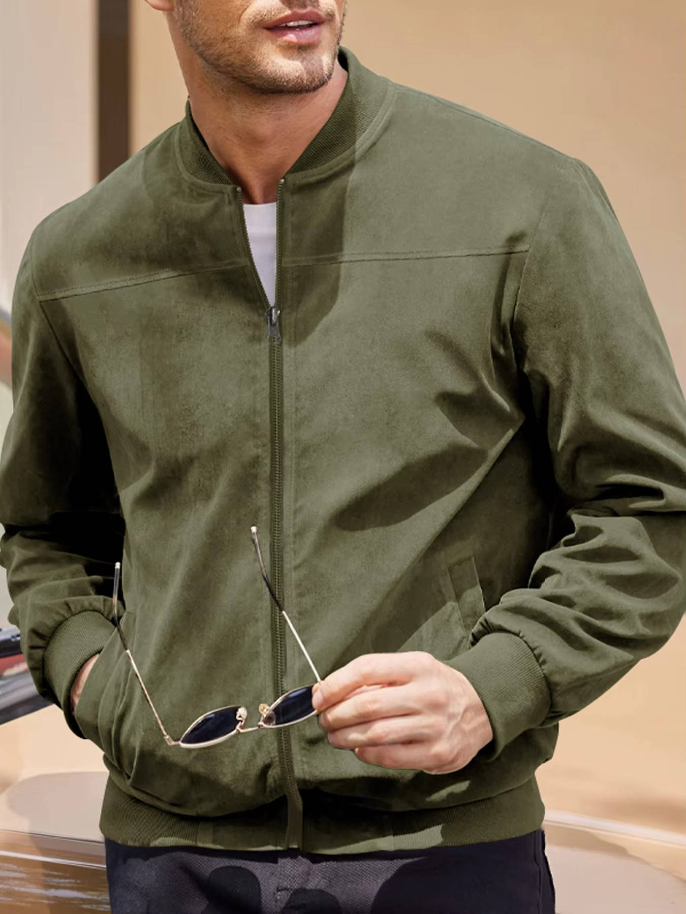 Men's light brown suede bomber jacket windproof lightweight slim-fit all-season water-repellent layer
