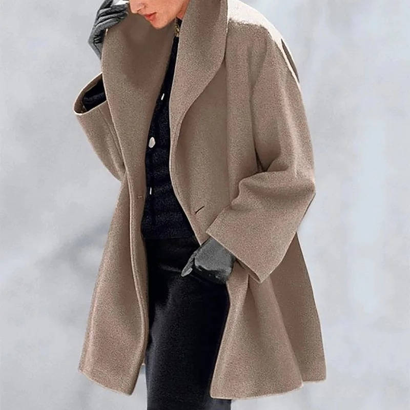 Women's wool blend cocoon coat in neutral tone, oversized relaxed fit with polished structured silhouette