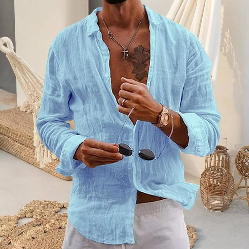 Men's natural beige linen long sleeve shirt, regular fit, lightweight breathable fabric for everyday wear