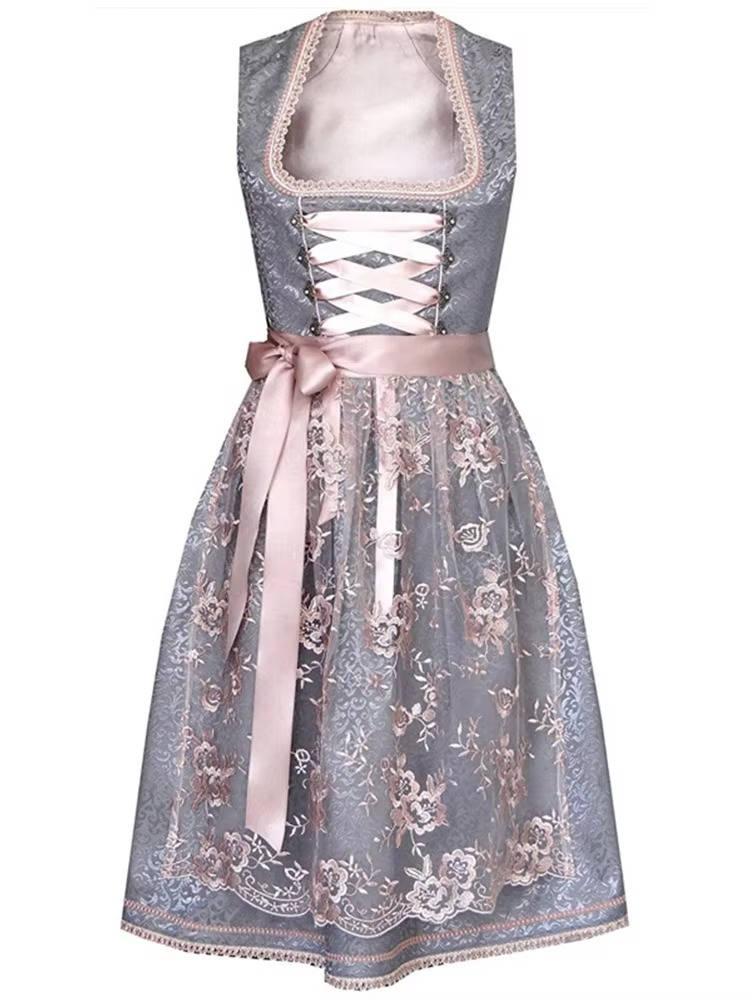 Turquoise Bavarian Dirndl dress set with lace embroidery and matching apron for festival wear