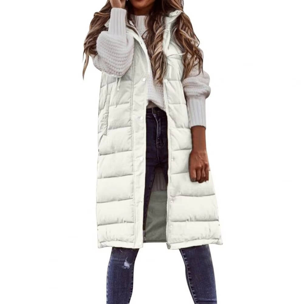 Women's black knee-length hooded puffer vest lightweight sleeveless quilted outdoor active style