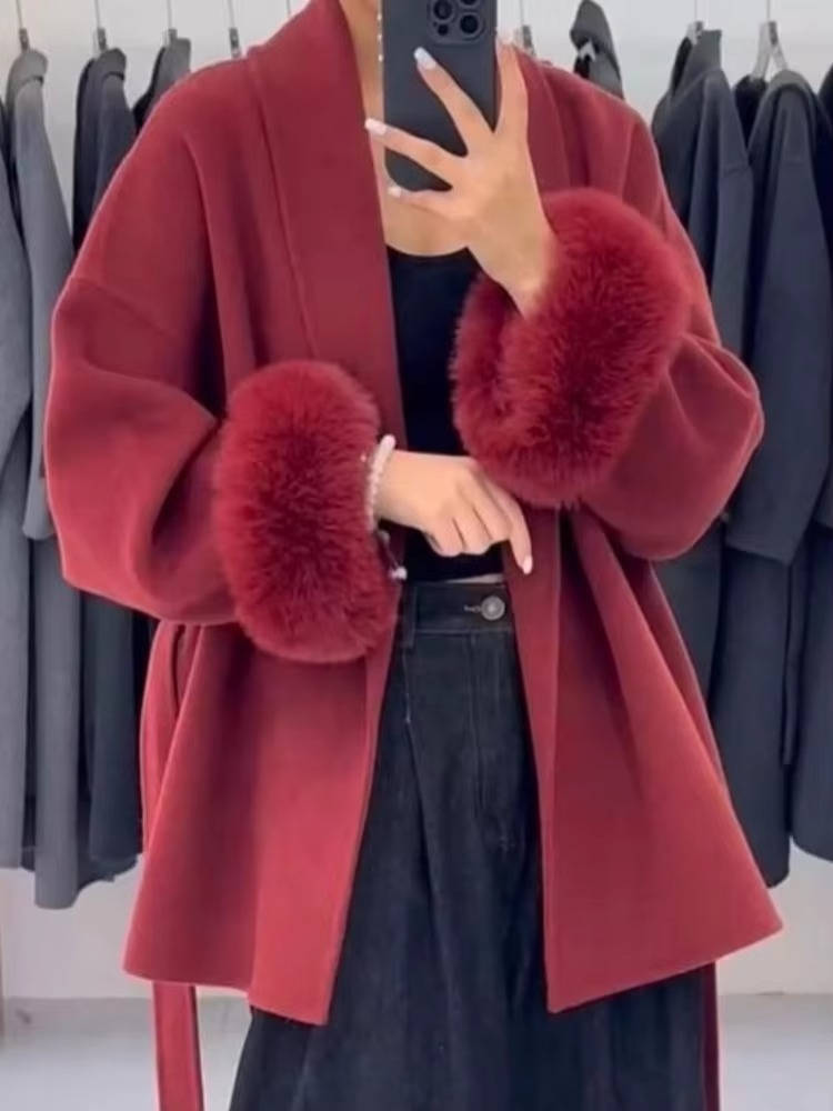 Women's camel wrap short coat with self-tie belt, wool-blend fabric, streamlined silhouette for daily wear