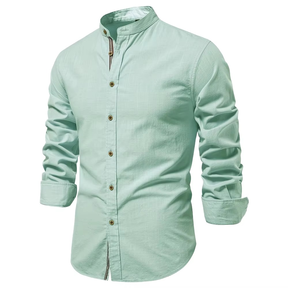 Men's casual cotton long sleeve shirt stand collar striped placket everyday professional style