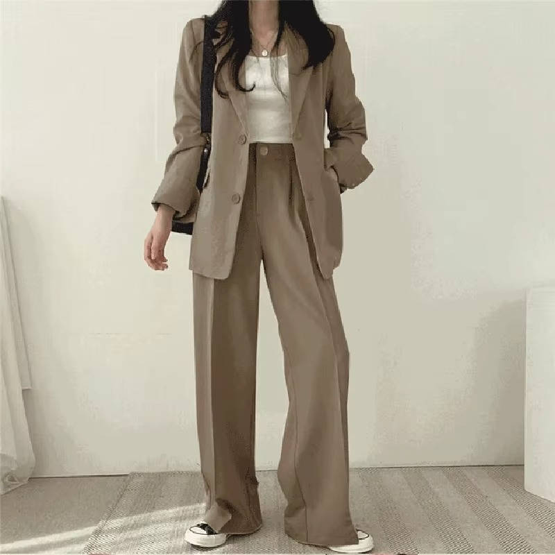 Women's casual pant suit set two-piece blazer wide-leg pants easy-care polished workwear style
