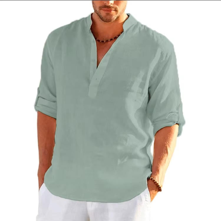 Men's linen Henley shirt rolled sleeves breathable lightweight casual summer style neutral tone