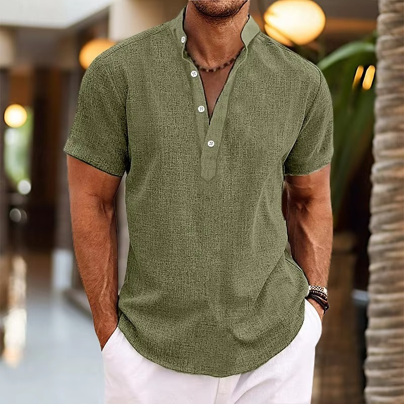 Men's light linen Henley shirt breathable lightweight short sleeve with button placket everyday essential