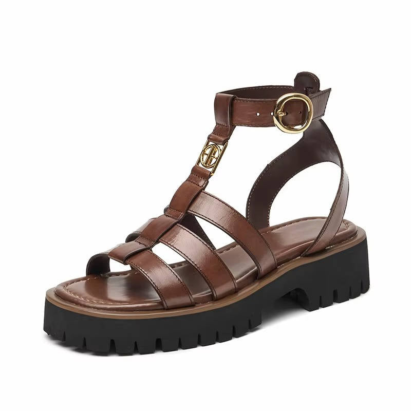 Women's brown leather gladiator sandals with buckled ankle strap, non-slip sole for all-day comfort