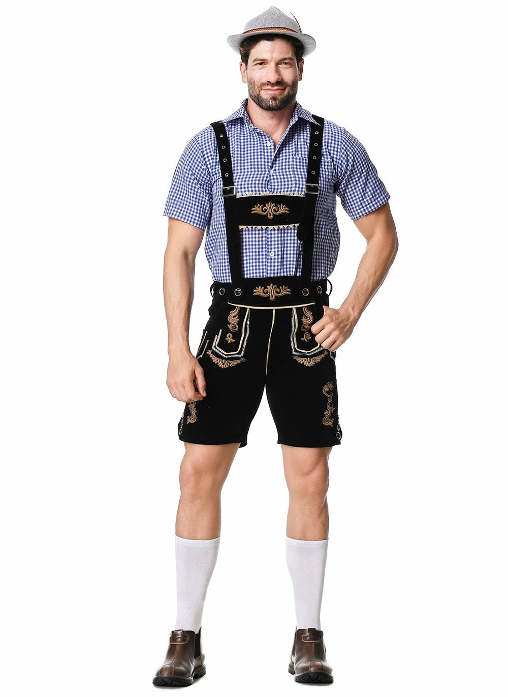 Brown leather Bavarian Lederhosen shorts with embroidered suspenders, full Oktoberfest costume set