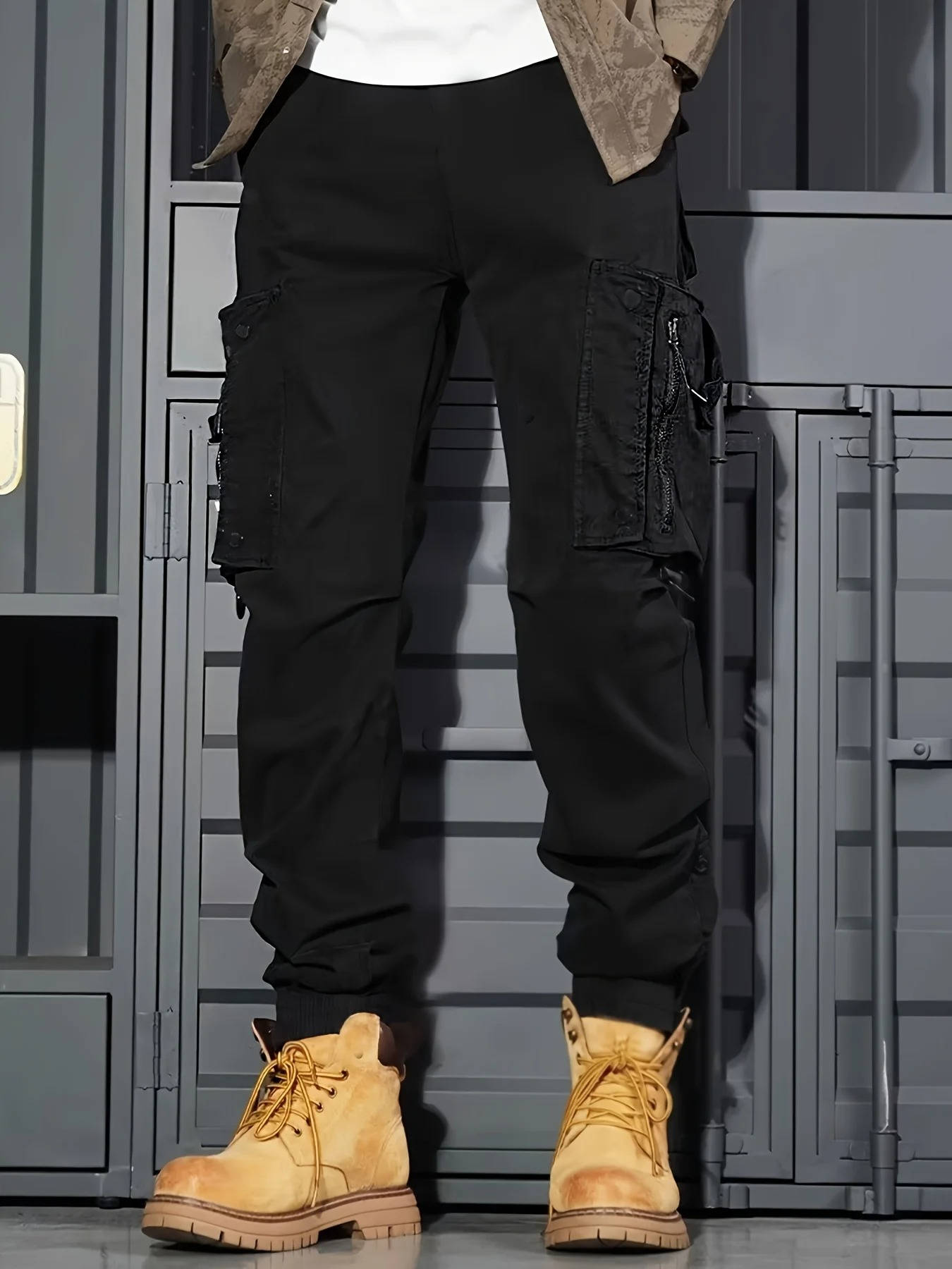 Dark tactical jogger pants slim fit elastic waistband cotton spandex blend streetwear outdoor style