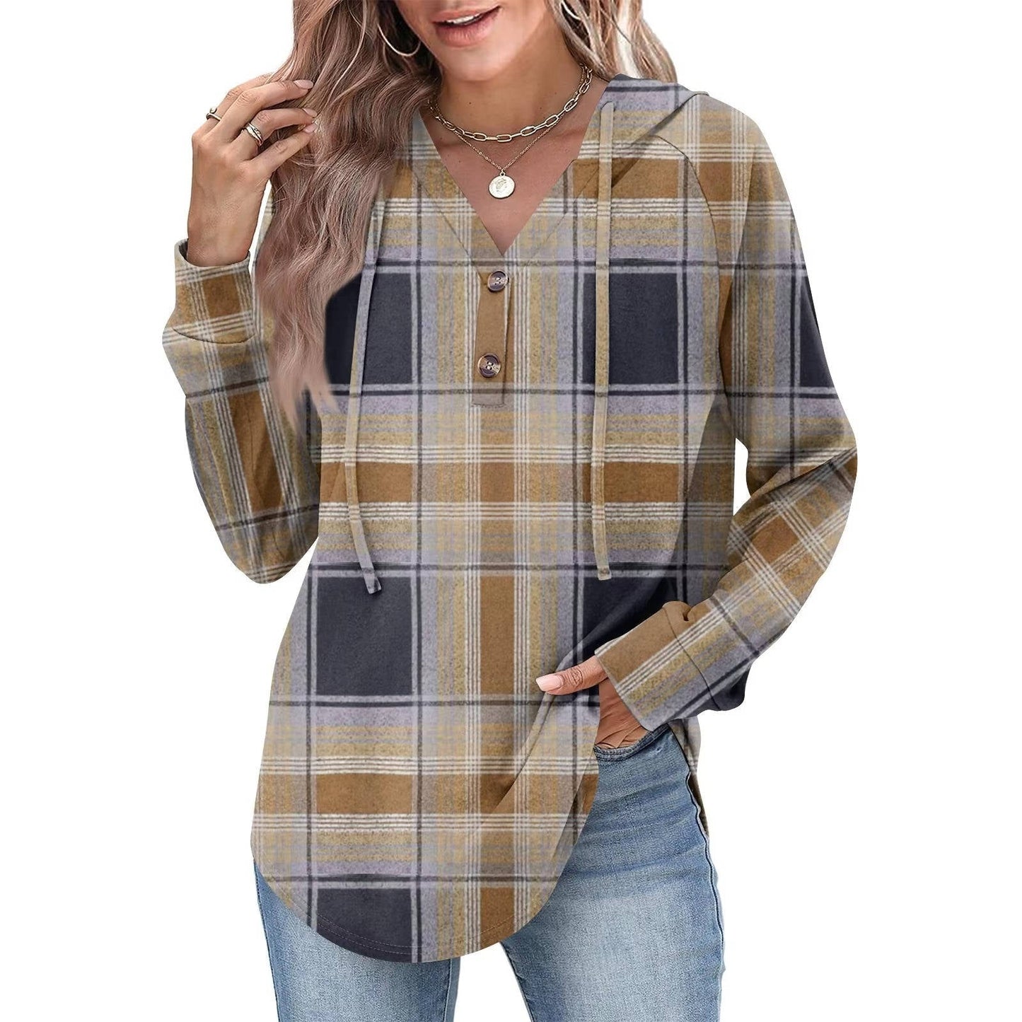 Women's relaxed-fit v-neck button hoodie sweatshirt with adjustable partial button detail