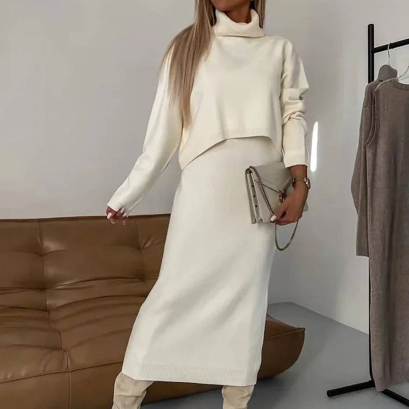 Women's two-piece knit set turtleneck sweater and sleek midi dress coordinated outfit for busy women