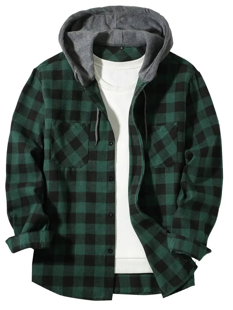 Men's red black buffalo plaid hooded flannel shirt with fleece-lined hood lightweight brushed cotton