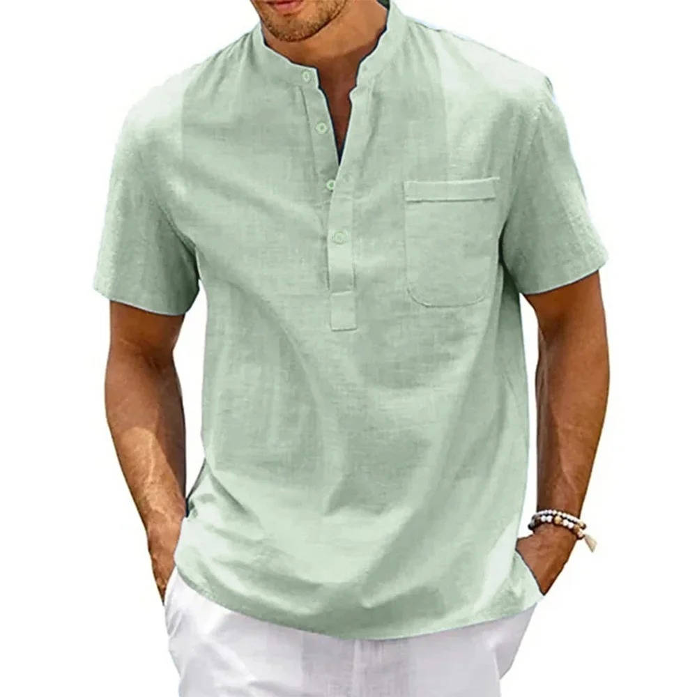 Beige men's linen Henley shirt relaxed fit short sleeves breathable cotton blend chest pocket