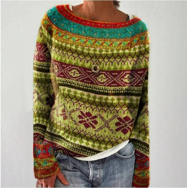 Women's Nordic Fair Isle wool sweater cozy knit with vintage Aztec mountain landscape print