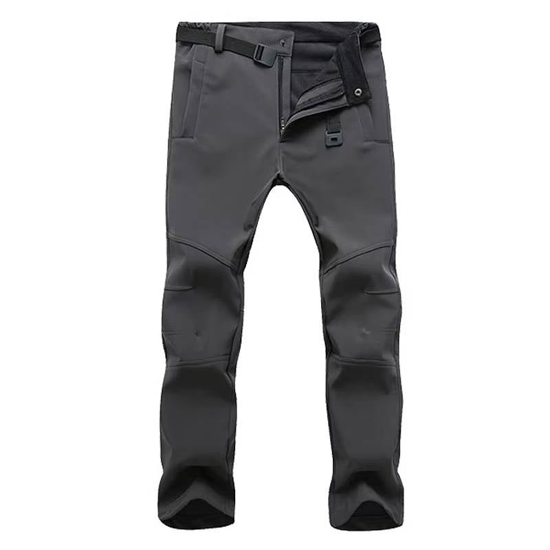 Men's lightweight waterproof hiking pants, dark color, slim athletic cut with stretch fabric