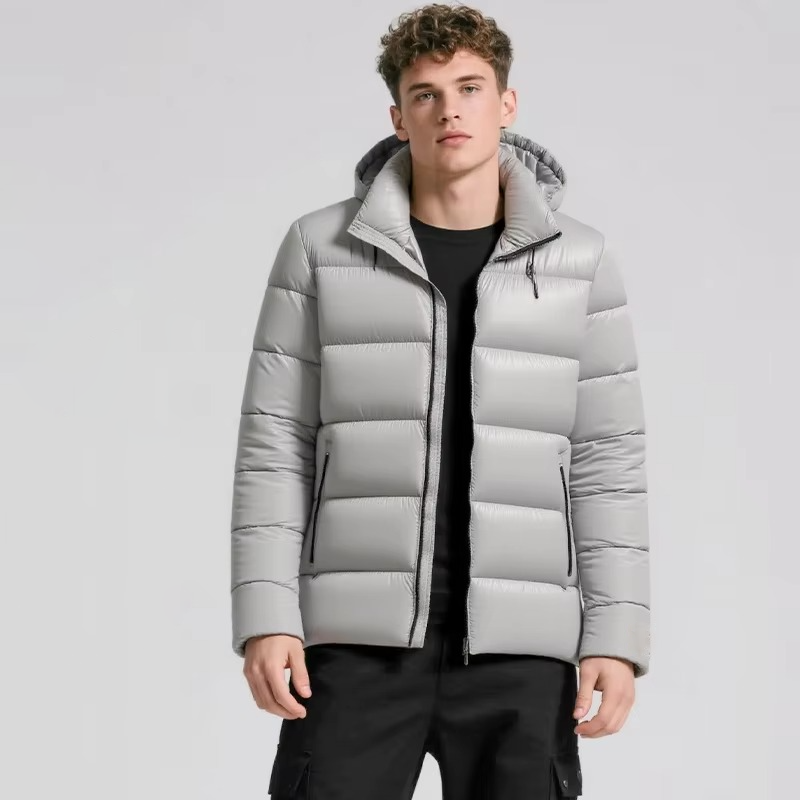 Men's navy waterproof hooded puffer jacket lightweight insulated down coat for outdoor use