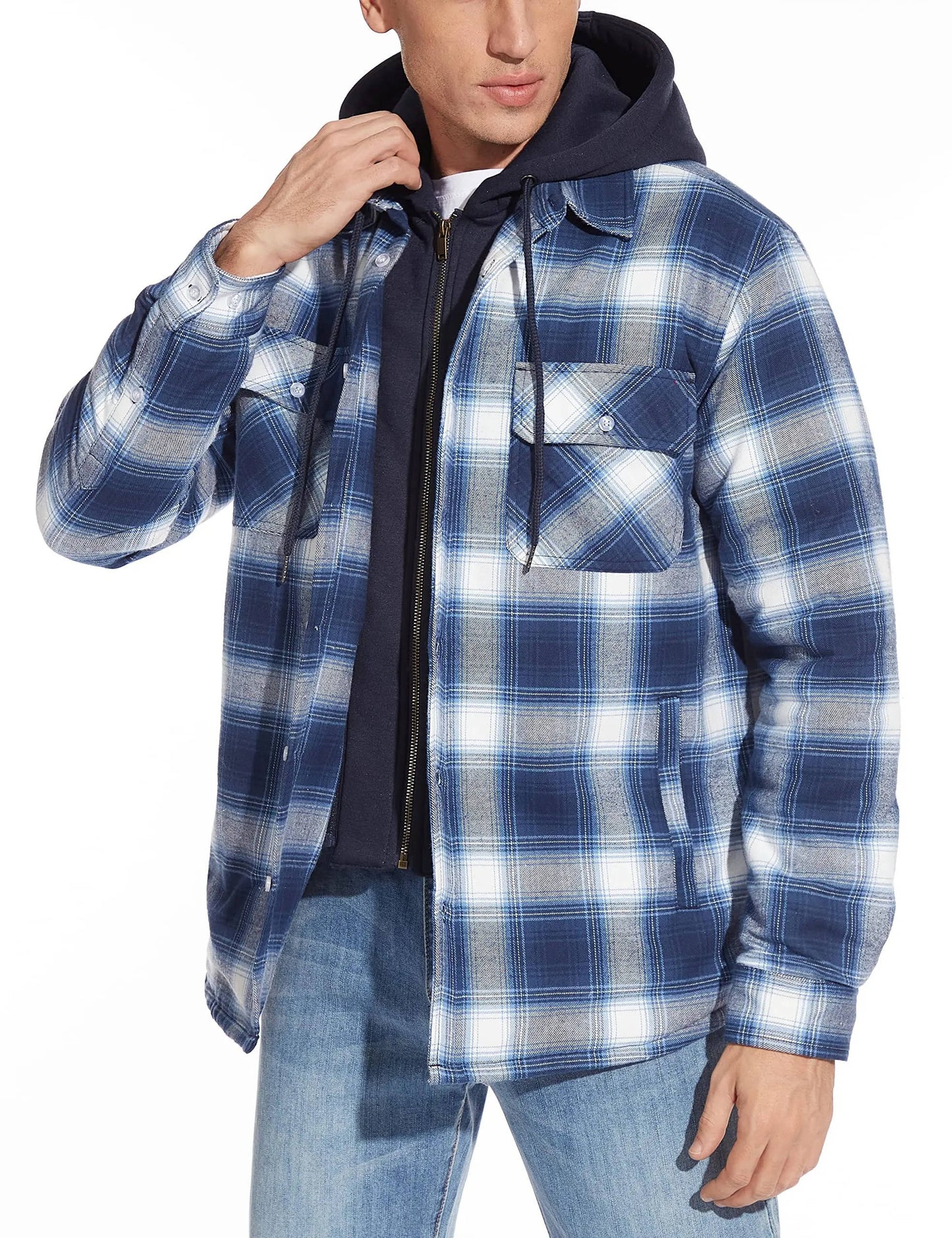 Men's hooded plaid bomber jacket with zip front, warm lining, and classic checkered pattern