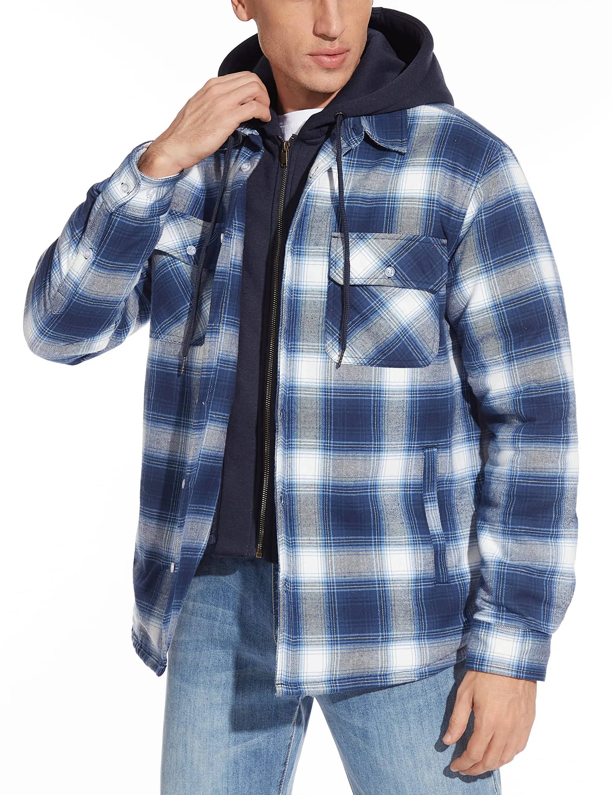 Men's hooded plaid bomber jacket with zip front, warm lining, and classic checkered pattern