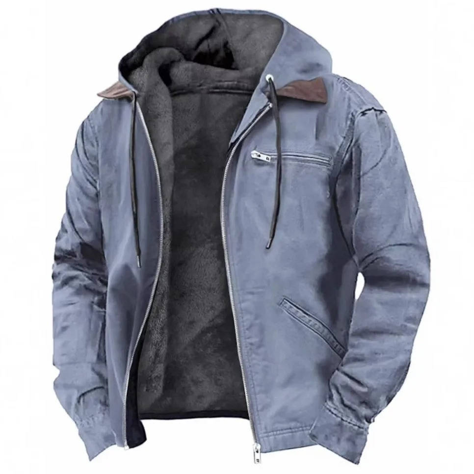 Men's brown hooded fleece jacket lightweight windproof zip-up outerwear for cold weather