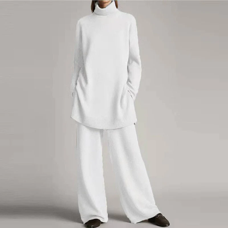 Women's wool blend knit turtleneck top and wide-leg pants loungewear set oversized cozy two-piece