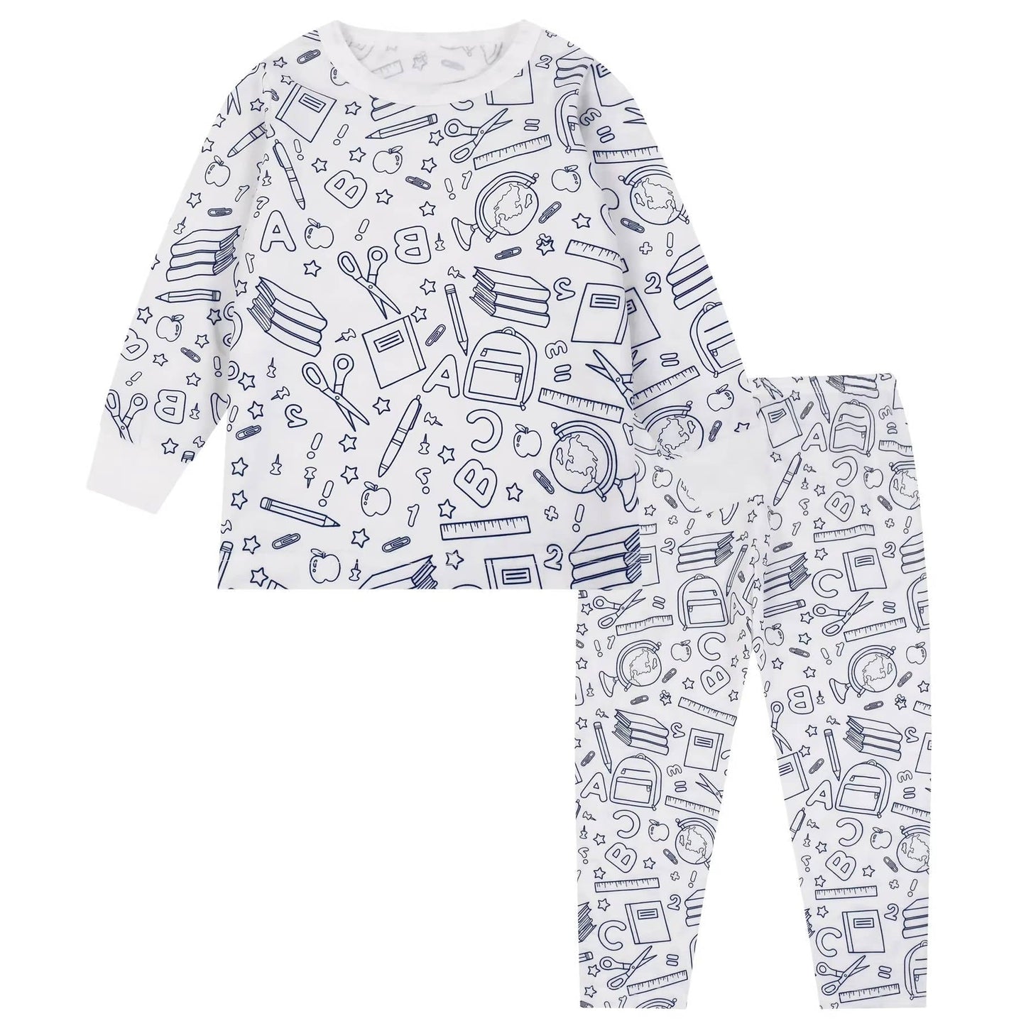 Kids unisex cotton-blend pajamas with bold pre-printed coloring patterns for creative bedtime fun
