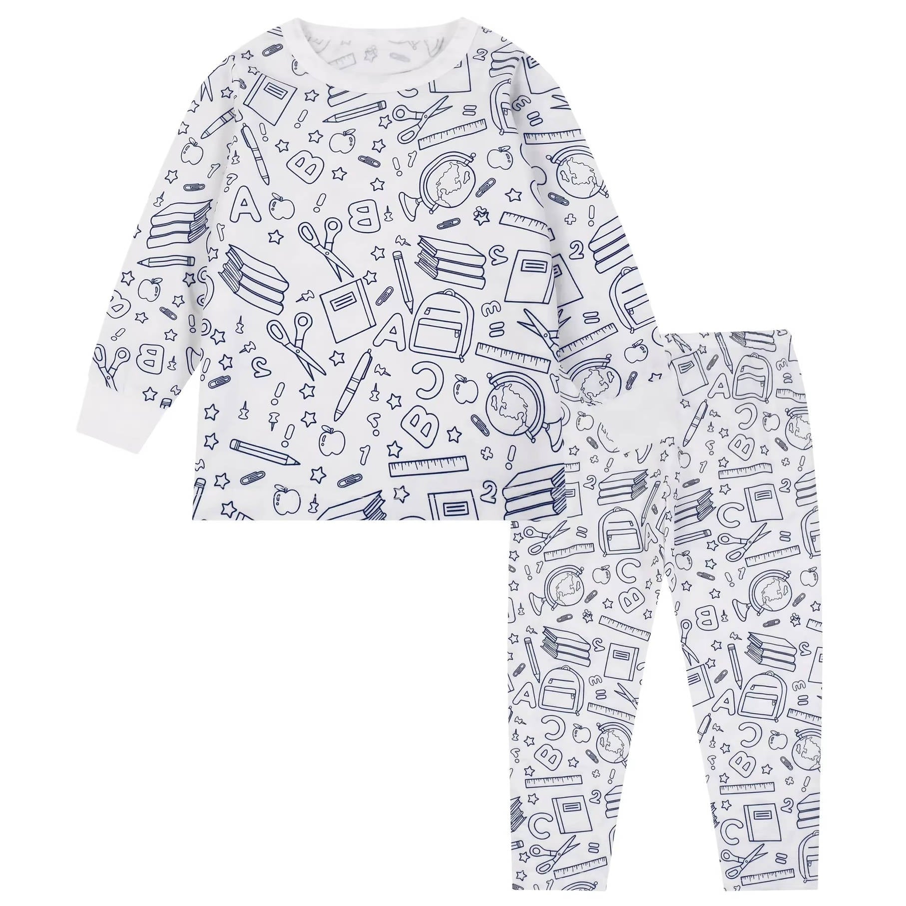 Kids unisex cotton-blend pajamas with bold pre-printed coloring patterns for creative bedtime fun