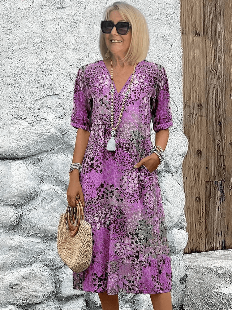 Hailey flowy knee-length abstract print summer dress for women with side pockets breathable fabric