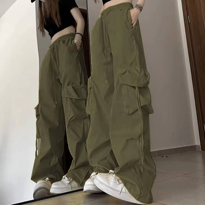 Women's beige baggy cargo trousers loose fit elastic drawstring waist with multiple pockets