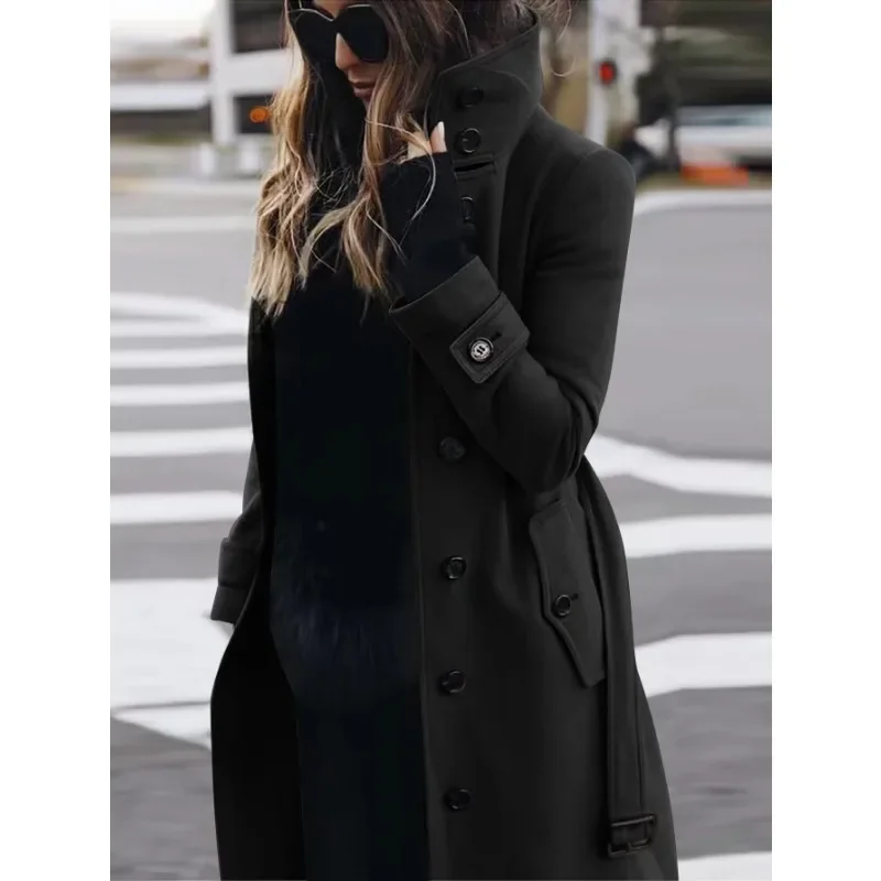 Women's full-length belted wool coat stand collar elegant professional outerwear refined silhouette