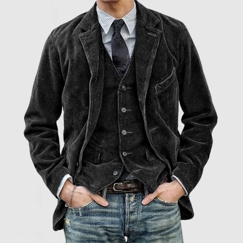 Men's brown corduroy blazer and vest set notch lapel relaxed fit two-piece coordinated suit