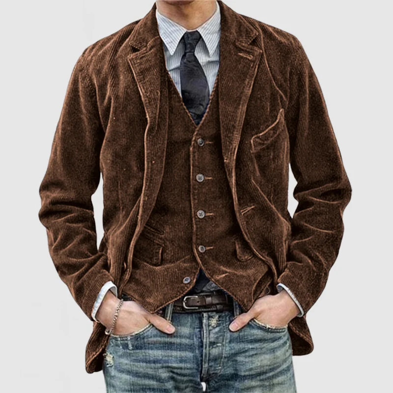 Men's brown corduroy blazer and vest two-piece set notch lapel relaxed fit modern professional style