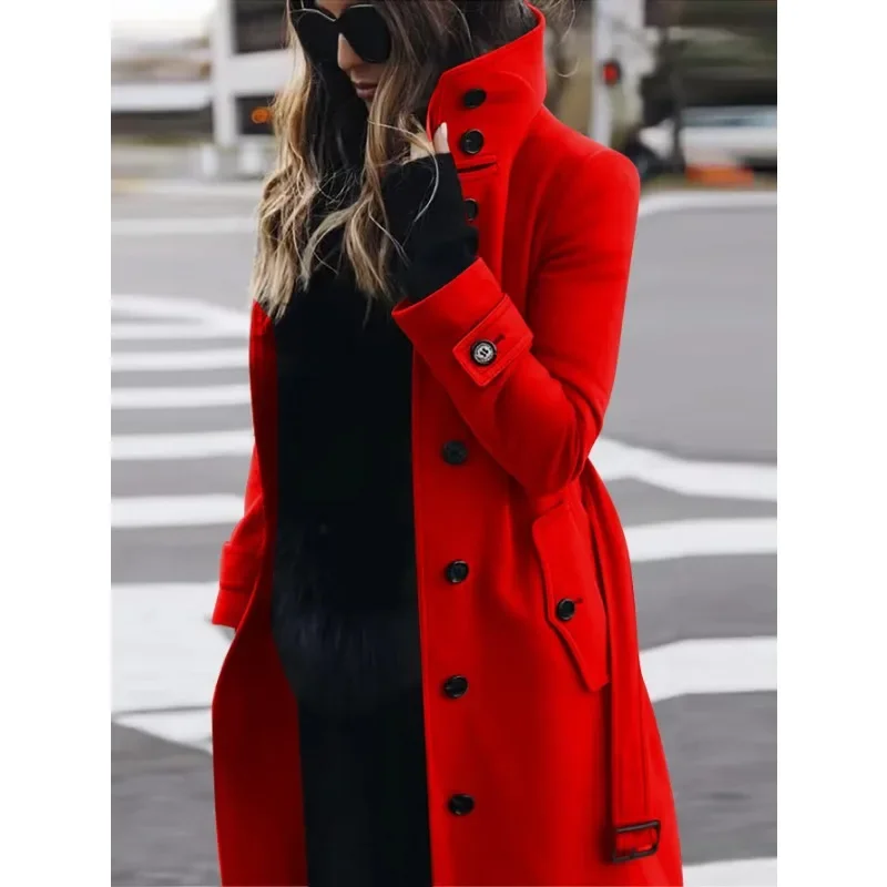 Women's slim fit full-length wool coat with stand collar in tailored professional style
