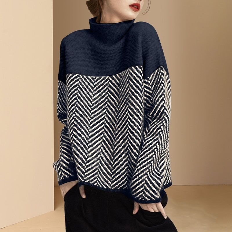 Women's oversized plush knit pullover sweatshirt high neck patterned design cozy warm layering