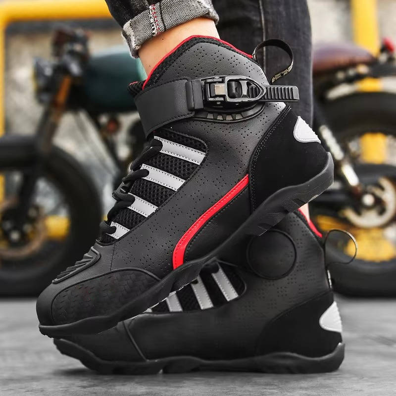 Men's black motorcycle sneaker boots with protective padding, adjustable strap, and ventilated urban riding design